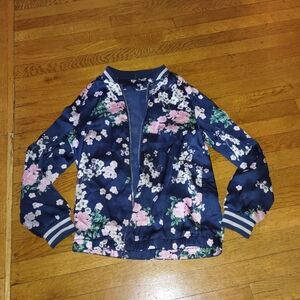 lightweight navy and pink japanese cherry blossom patterned bomber jacket size 4